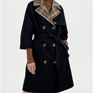 Orolay Dark Nsvy Classic Trench Coat with Plaid Accents NWT